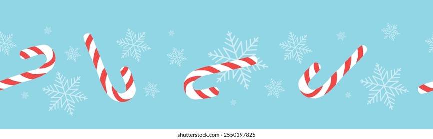 Seamless banner with striped Christmas candies, lollipops with snowflakes. For invitations, greetings, holiday themed advertisements, or Christmas and New Year decorations, header or mail listings