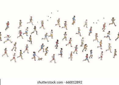 Seamless banner of tiny marathon runners, can be tiled horizontally: a diverse collection of small hand drawn men and women running from left to right