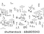 Seamless banner of tiny people at the beach, can be tiled horizontally: a diverse collection of small hand drawn men, women and kids playing, sunbathing and walking at the beach