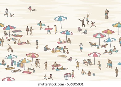 Seamless banner of tiny people at the beach, can be tiled horizontally: a diverse collection of small hand drawn men, women and kids playing, sunbathing and walking at the beach