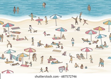 Seamless banner of tiny people at the beach, can be tiled horizontally: a diverse collection of small hand drawn men, women and kids playing, sunbathing and walking at the beach