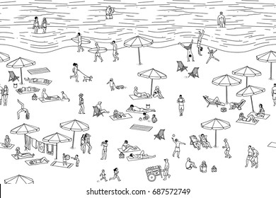 Seamless banner of tiny people at the beach, can be tiled horizontally: a diverse collection of small hand drawn men, women and kids playing, sunbathing and walking at the beach