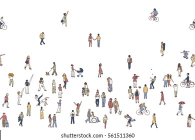 Seamless banner of tiny people, can be tiled horizontally: pedestrians in the street, a diverse collection of small hand drawn men and women walking through the city