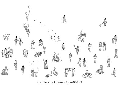 	
Seamless banner of tiny people, can be tiled horizontally: pedestrians in the street, a diverse collection of small hand drawn men and women walking through the city