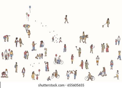 	
Seamless banner of tiny people, can be tiled horizontally: pedestrians in the street, a diverse collection of small hand drawn men and women walking through the city