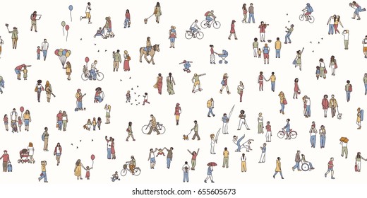 	
Seamless banner of tiny people, can be tiled horizontally: pedestrians in the street, a diverse collection of small hand drawn men and women walking through the city