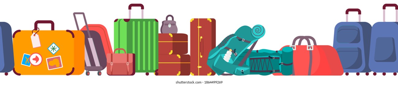 Seamless banner with various colorful Luggage. Colorful Backpack, handbag, suitcase, briefcase, travel bag. Flat Art Vector Illustration