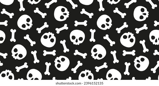 Seamless banner with white bones and skulls and black background