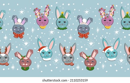 Seamless banner for winter website design. New Year's Christmas bunnies in carnival costumes on a blue background.
