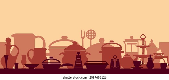 Seamless banner withdishes and kitchen utensils. Vector Illustration