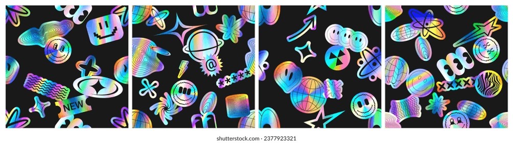 Seamless banners with retro holographic stickers. Vector illustration with iridescent foil adhesive film with symbols and objects in y2k style. Vibrant  glued holographic labels with gradient effect.