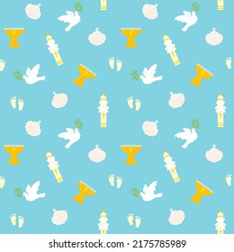 seamless baptism pattern, baby feet, baptismal font, shell, holy dove, and candle, great for wrapping, textile, wallpaper, greeting card- vector illustration