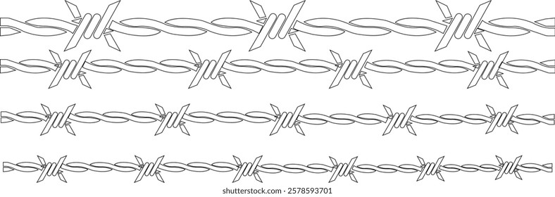 Seamless barb wire shapes icon set, Vector fence graphic deign elements, black wire barb fence frames. Concept of protection danger or security isolated on transparent background, Jail or border fence