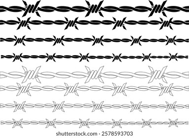 Seamless barb wire shapes icon set, Vector fence graphic deign elements, black wire barb fence frames. Concept of protection danger or security isolated on transparent background, Jail or border fence