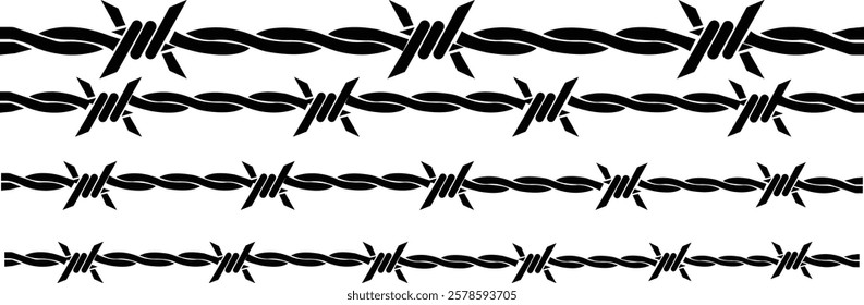 Seamless barb wire shapes icon set, Vector fence graphic deign elements, black wire barb fence frames. Concept of protection danger or security isolated on transparent background, Jail or border fence