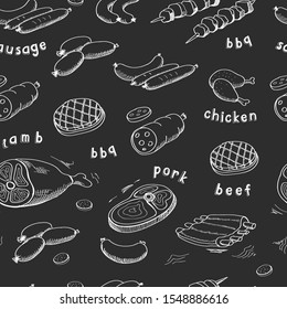 Seamless barbecue pattern with hand drawn meat, steak, sausage vector background