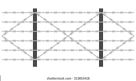 Seamless barbed wire fence with pillars on a white background
