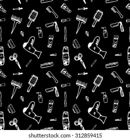 Seamless barbershop pattern, Vector black and white background 
with hair dryer, combs , hairpins , mousses and scissors