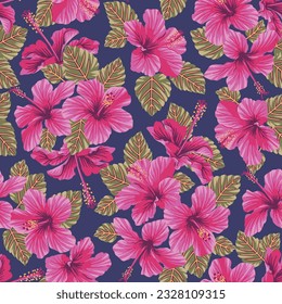 SEAMLESS BARKCLOTH FLORAL FLOWER TROPICAL FLORAL HIBISCUS SURF PALM GARDEN BOTANICAL VINTAGE BOTANICAL PLANT PATTERN SWATCH