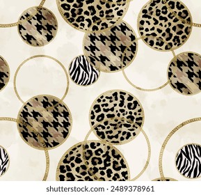 Seamless baroque chain pattern with plaid, wild animal, zebra and leopard skin background elements in abstract round circle in brown and black