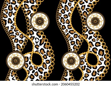 Cadenas barrocas impecables, estampado de piel de leopardo. Diseño de vectores para impresión de moda y fondo.