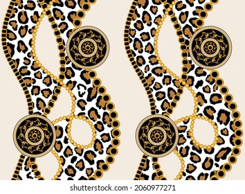 Cadenas barrocas impecables, estampado de piel de leopardo. Diseño de vectores para impresión de moda y fondo.