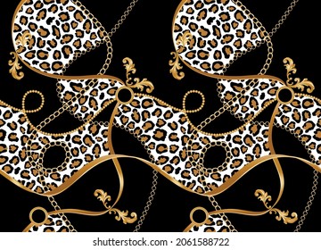 Seamless baroque chains, leopard skin pattern. Vector design for fashion print and background.