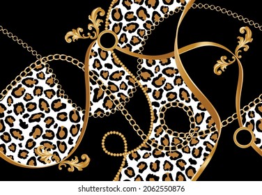 Cadenas barrocas impecables, estampado de piel de leopardo. Diseño de vectores para impresión de moda y fondo.