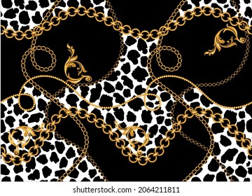 Seamless baroque chains, leopard skin pattern. Vector design for fashion print and background.
