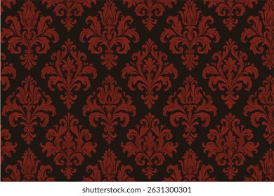 Seamless Baroque Damask Pattern – Red Ornamental Motif on Black Background