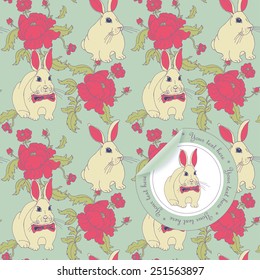 Seamless baroque floral pattern with bunny (and sticker) in vector