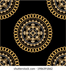 Seamless baroque pattern with chain on a black background.EPS10 Illustration.