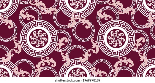 Seamless baroque pattern with greek motif on red background. EPS10 Illustration.