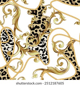 Padrão barroco sem costura com arte desenhada à mão selvagem africano leoapr pele elementos de fundo em amarelo dourado, marrom e preto cores