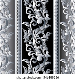 Seamless baroque pattern with vertical strips and antique decorative medieval 3d ornaments. Elegant black and white  ornate baroque wallpaper. Vector luxury royal background.