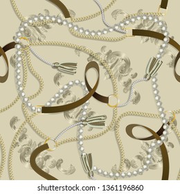 Impresión barroca sin fisuras con cadenas doradas, trenzas, perlas, cinturones, tassel, elmentos barrocos para el diseño de tejidos. Parche vectorial para impresión, tela y diseño de pañuelo