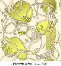Seamless Baroque print with golden realistic chains, braid, pearls, belts, tassel, baroque elments for fabric design. Seamless Baroque vector pattern. 