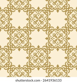 Seamless Baroque Rococo Style with Golden Scroll Ornament Embroidery Florals on Beige Background Detailed Pattern for Monogram Repeat Paper Letter Invitation Tablecloth Dress Apparel Mattress Lace Rug