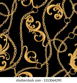 Seamless Baroque striped vector pattern with  golden ribbons and chains, baroque elements. Vintage patch for scarfs, print, fabric, embroidery. Isolated on black background