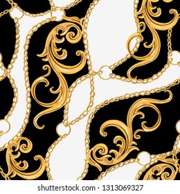 Seamless Baroque striped vector pattern with  golden ribbons and chains, baroque elements. Vintage patch for scarfs, print, fabric, embroidery. Isolated on black and white  background