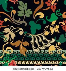 Seamless Baroque style vector pattern with ornamental leaves, flowers and decorative Greek meander borders on black background. Elegant endless texture for textile, fabric, wallpaper, decoration.