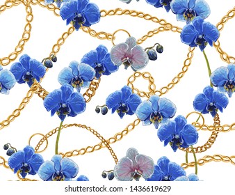 Seamless baroque tropical vector pattern with belts, chains and braid blue orchid flowers. Vector patch for print, fabric, scarf design.	

