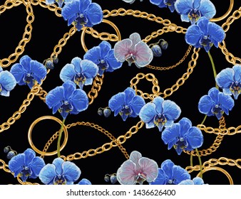 Seamless baroque tropical vector pattern with belts, chain and braid blue orchid flowers. Vector patch for print, fabric, scarf design.	

