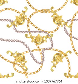 Seamless Baroque vector pattern background with golden chains, pearls,  baroque elments. Vector patch for print, fabric, scarf design