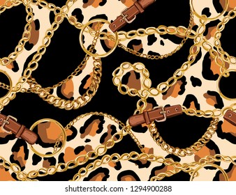 Seamless Baroque vector pattern with belts, chain and braid. leopard print. Vector patch for print, fabric, scarf design.	

