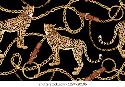 Seamless Baroque vector pattern with belts, chain and braid, leopard. Vector patch for print, fabric, scarf design.	

