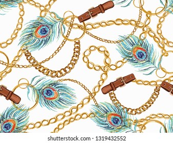 Seamless Baroque vector pattern with belts, chain and braid, peacock feathers. Vector patch for print, fabric, scarf design.	

