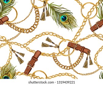 Seamless Baroque vector pattern with belts, chain and braid, peacock feathers. Vector patch for print, fabric, scarf design.	

