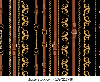 Seamless Baroque vector pattern with belts, chain and braid, baroque elements. Vector patch for print, fabric, scarf design. 