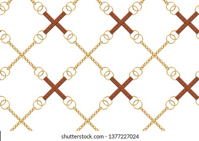 Seamless Baroque vector pattern with belts, chain and braid. Vector patch for print, fabric, scarf design. Isolated on white background